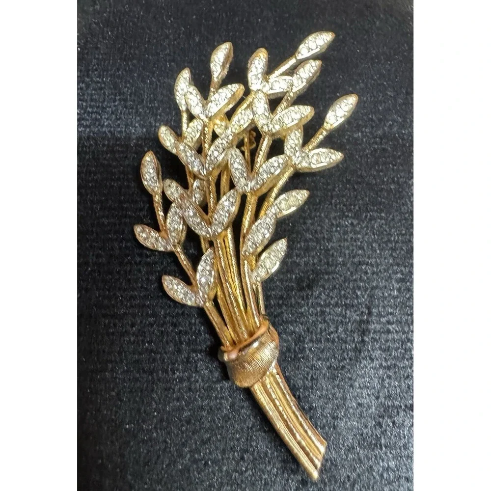 Vintage‎ Rhinestone Wheat Sheaf Brooch Gold Tone Floral Bouquet Pin